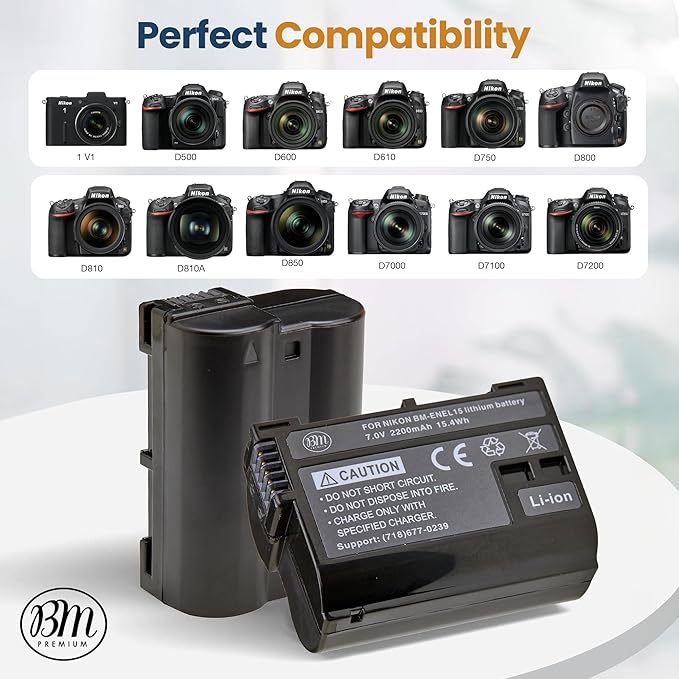 BM Premium 2 Pack of EN-EL15B Batteries and Dual Battery Charger for Nikon Z6, Z7, D780, D850, D7500, 1 V1, D500, D600, D610, D750, D800, D800E, D810, D810A, D7000, D7100, D7200 Digital Cameras