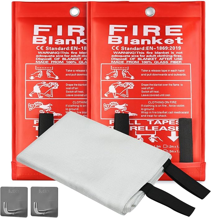 Emergency Fire Blanket, 40"x40" Fiberglass Suppression Fire Retardant Blankets for Home, Kitchen, Camping, Grill, Car, Office, Warehouse with Hooks(2 Pack)