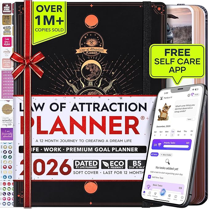Deluxe 2026 Planner Weekly and Monthly | Law of Attraction Planner with Productivity App | 12-Month for Productivity, Gratitude & Goal Setting | Includes Foldable Vision Board, Gift Box & Stickers