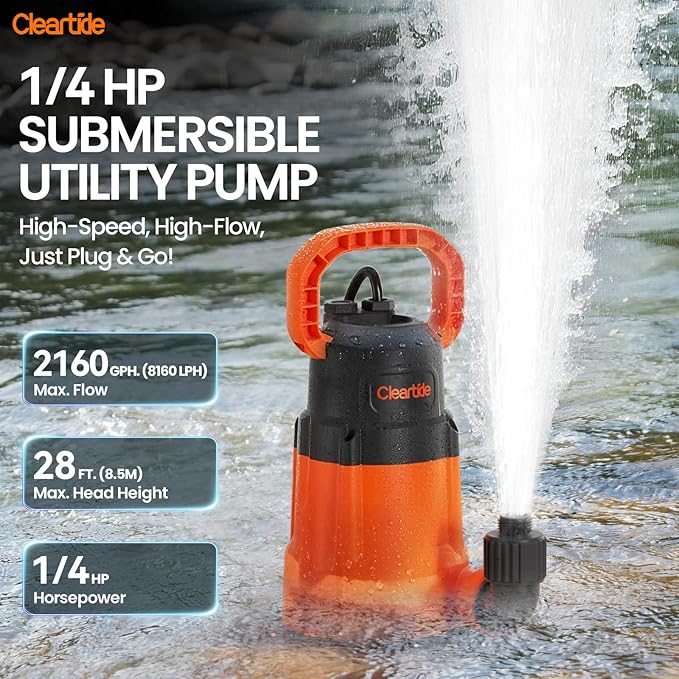 Cleartide Submersible Sump Pump, 1/4 HP Utility Water Pump for Pool Draining, Hot Tub, Basement,100% Copper Motor, Electric Drain Pump Handles 1/8" Solids, 10 FT Cord
