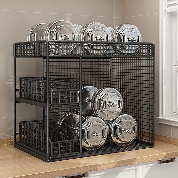 Mobile Storage Rack, Wide Opening Kitchen Storage Cart Rolling Utility Cart with 360 Rotating Wheels & Pull Out Baskets Kitchen Organizer for Bowls, Dishes, Utensils (Black)