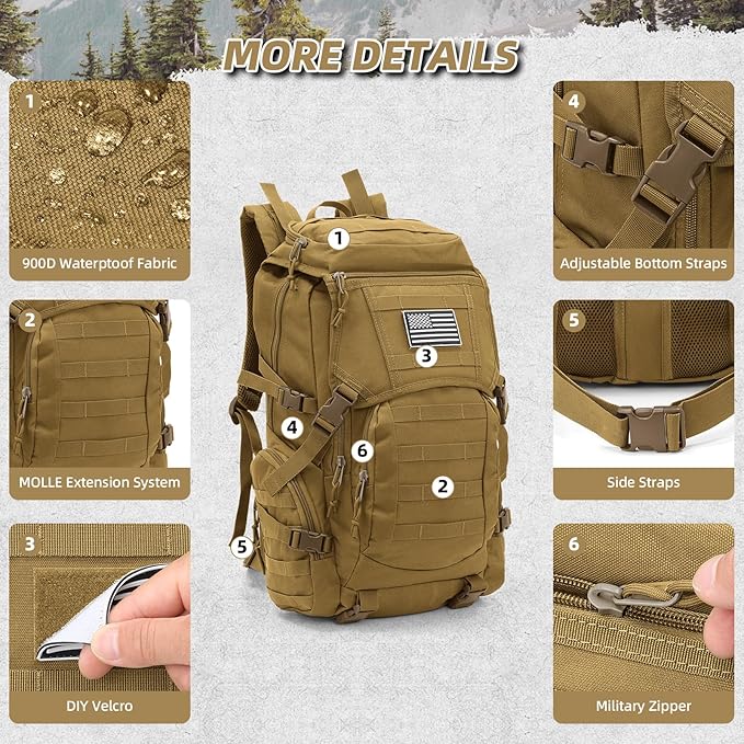 35L Military Tactical Backpack for Men,Water Resistant Assault Pack for Women,Khaki Molle Daypack 3 Day Bug Out Bag Rucksack for Trekking, Camping,Survival,EDC