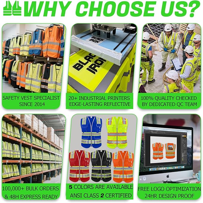 BeautyWill 10 Pack Custom Logo Safety Vest ANSI Class 2 High Visibility Reflective Vest Personalized Construction Vest Bulk