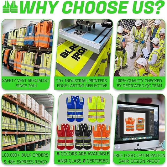 BeautyWill 10 Pack Custom Logo Safety Vest ANSI Class 2 High Visibility Reflective Vest Personalized Construction Vest Bulk