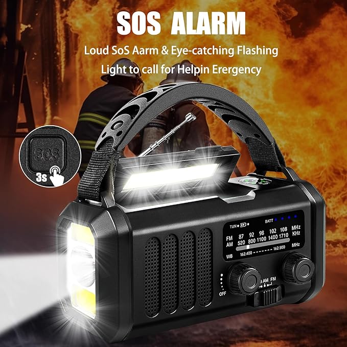 Emergency Weather Radio 20000mAh NOAA/AM/FM with 74000mWh USB/Solar/Hand Crank Charging, Battery Operated, SOS Alarm & Flashlight for Indoor/Outdoor Emergencies (Black)