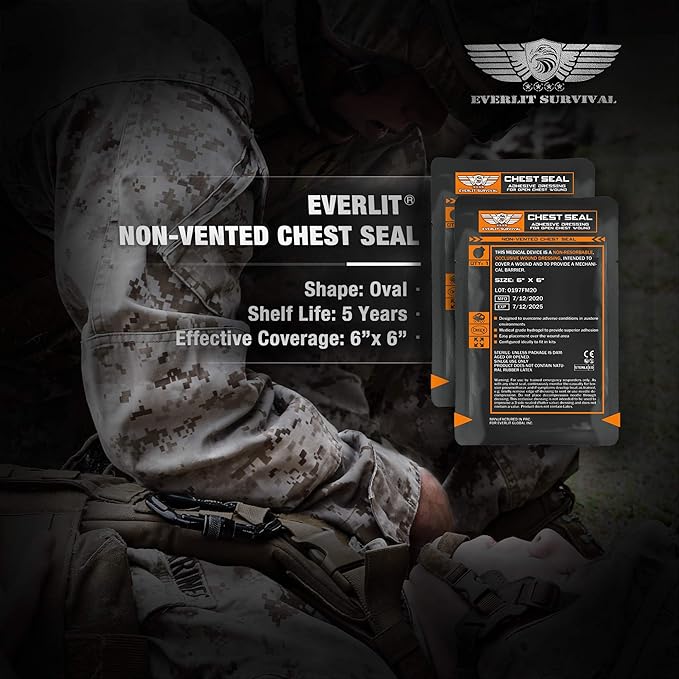 EVERLIT Occlusive Chest Seal Non-Vented Adhesive Dressing for Open Chest Injury and Sucking Chest Wound (10 Count)