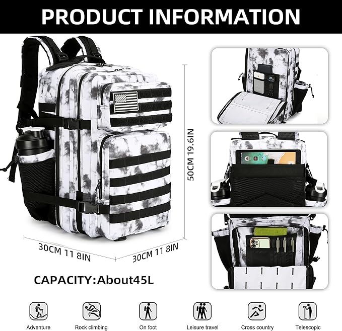 45L Tactical Assault Backpack 3 day assault pack with Molle Waterproof backpack Rucksack for Tactical Backpacks (BlackWhite Camo)