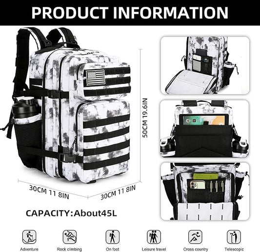 45L Tactical Assault Backpack 3 day assault pack with Molle Waterproof backpack Rucksack for Tactical Backpacks (BlackWhite Camo)