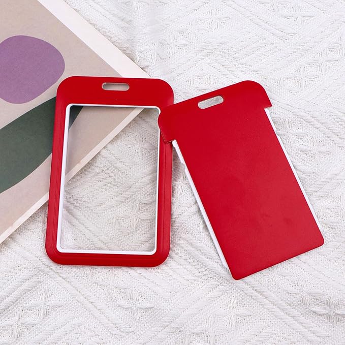 2-Pack Red Card Holder Set, Clear Plastic ID Badge Holder, Top Slot for Lanyard & Keychain, Reusable PVC Card Sleeve for Work Office School Access Card