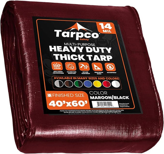 Tarpco Safety Extra Heavy Duty 14 Mil Tarp Cover, Waterproof, UV Resistant, Rip and Tear Proof, Poly Tarpaulin with Reinforced Edges for Roof, Camping, Patio, Pool, Boat (Maroon/Black 40′ X 60′)