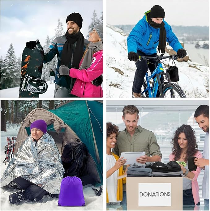 300 Pcs Homeless Care Package Supplies Bulk Winter Emergency Blankets Beanies Hat Gloves Scarves Socks Drawstring Bags for Men Women Cold Weather Camping Outdoor Survival Kit (6 Colors)
