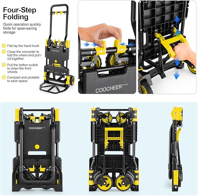 2-in-1 Folding Hand Truck Dolly 330LB Load Carrying, Hand Truck Foldable Dolly with Retractable Handle and 4 Rubber Wheels, Portable Folding Hand Cart for Moving/Travel/Office (Yellow)
