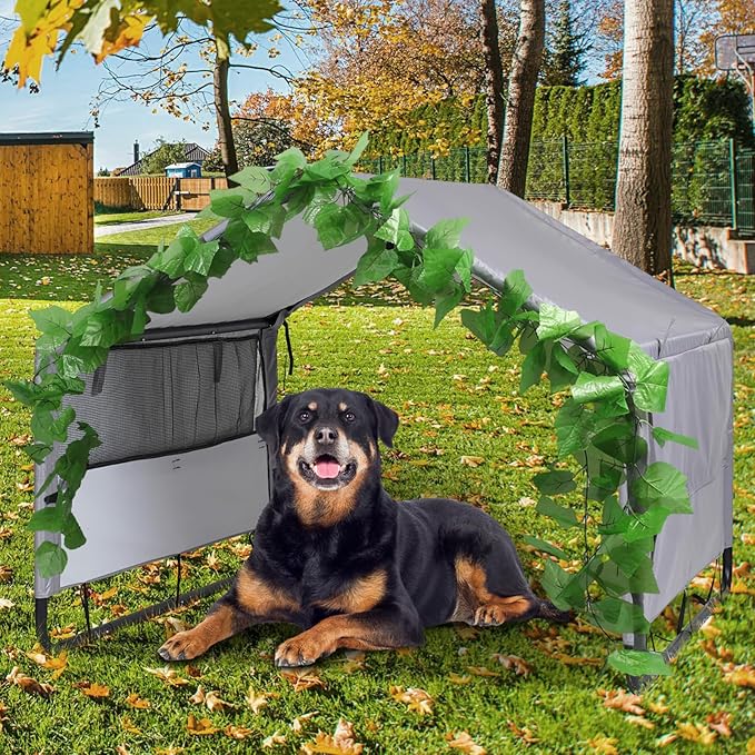Large Dog House Shade Shelter Outdoor Tent for Large Medium Dogs, Outside Sun Rain Canopy Pet House for Homeless Cats Pigs Livestock with Rainproof Cover with Artificial Grapevine Leaves