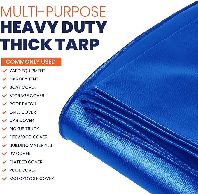 Tarpco Safety Extra Heavy Duty 14 Mil Tarp Cover, Waterproof, UV Resistant, Rip and Tear Proof, Poly Tarpaulin with Reinforced Edges for Roof, Camping, Patio, Pool, Boat (Blue 40′ X 60′)