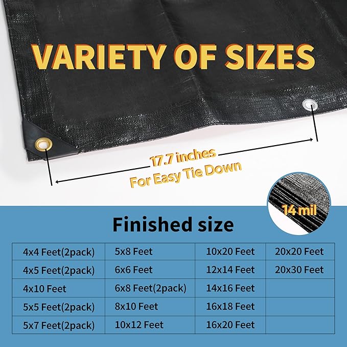 TARPAL tarp Waterproof 6x6 Feet Black Heavy Duty tarps 14mil polyethylene tarps Multifunctional Tarpaulin，Snow or UV Protection,Suitable for Outdoor Furniture, awnings,Roofs,Tents tarp Cover