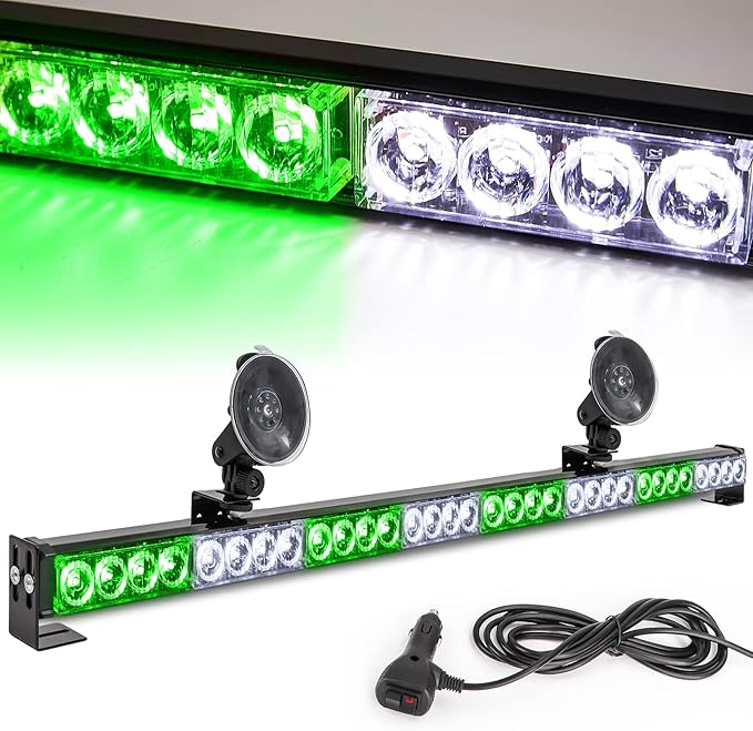 White/Green Emergency Strobe Light Bar 36 in 13 Flash Patterns Traffic Advisor Warning Hazard Windshield Safety Lights Bar with Cigar Lighter for Vehicles, Truck (35.5 Inch, White/Green 32 Led)