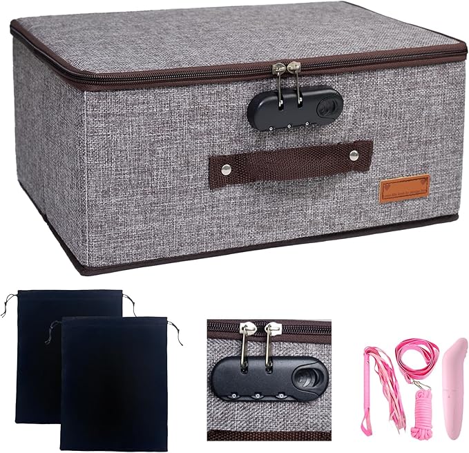 Locking Adult Game Toy Storage Organizer Lock Box Toy Storage Bins Game Toys Storage Bags with 2 Drawstring Bags, Large capacity 14 x 10 x 6.3 Inches (Gray with lock slot)