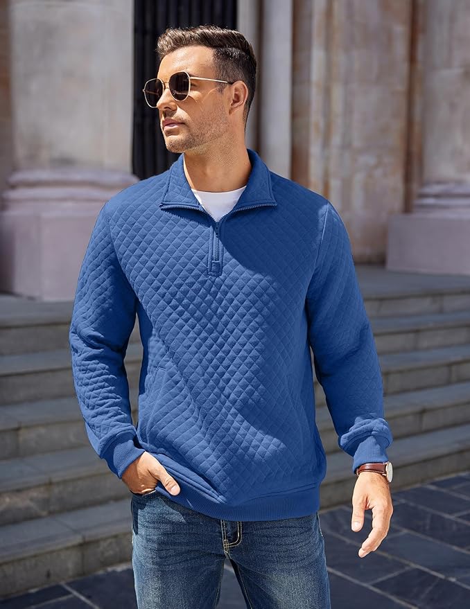 COOFANDY Mens Quarter Zip Pullover Quilted Sweatshirt Knit Long Sleeve Mock Neck Sweater Polo with Pocket