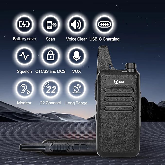 TIDRADIO TD-M8s Long Range Walkie Talkies for Adults with 4 Earpieces and 8 Batteries, Portable 22 Channels FRS Two-Way Radios, Mini Compact for Hotel Church School Retail Restaurant (4 Pack)