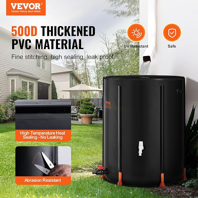 VEVOR Collapsible Rain Barrel, 66 Gallon/250 L Portable Rain Water Collection Barrel, PVC Rainwater Collection System with Spigots and Overflow Kit, Water Barrel for Garden Water Catcher
