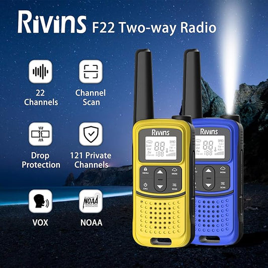Radios Walkie Talkies Long Range: Rivins F22 Rechargeable Walkie Talkies for Adults, NOAA, 1400mAh Li-ion Battery USB-C Cable, LED Flashlight, VOX FRS Two Way Radio for Hiking Hunting, Camping, 4 Pack