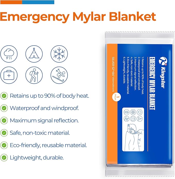 Emergency Blanket 100-Pack, 84" L x 52" W, Bulk Supply for Homeless Outreach, Mylar Blankets Retain 90% Body Heat, Perfect for Building Winter Survival Kits & Community Care Packages