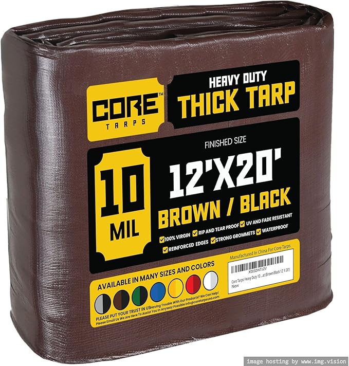 Core Tarps Heavy Duty 10 Mil Tarp Cover, Waterproof, UV Resistant, Rip and Tear Proof, Poly Tarpaulin with Reinforced Edges for Roof, Camping, Patio, Pool, Boat (Brown/Black 12′ X 20′)