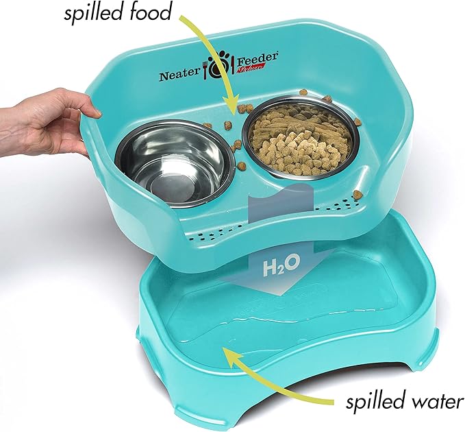 Neater Feeder Deluxe Mess Proof Dog Bowls Elevated for Small Breeds – Made in USA – No Spill Raised Dog Food Bowl Stand w/Leg Extensions – Stainless Steel Dog Food and Water Bowl Set – Teal