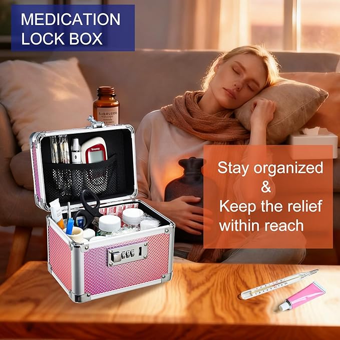 Adazzo Lockable Medicine Storage Box - Shiny Pink Cabinet Med Lock Organizer, 7 * 5.25 * 5.75 Inches Safe Case with Combination Lock for Home, Dorm, Office, or Travel - Mini Size