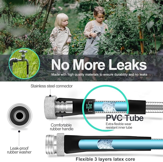 SPECILITE 125ft 304 Stainless Steel Garden Hose Metal, Heavy Duty Water Pipe with Nozzles for Yard, Outdoor - Flexible, Never Kink & Tangle, Puncture Resistant (Sliver)