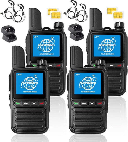 KAYOTOM Lifetime Free Global Walkie Talkies Unlimited Range PTT Push-to-Talk Over Cellular Nationwide 5000 Miles POC 4G Handheld Long Range Two Way Radio for Team (Charging Dock & Earphones, 4-Packs)