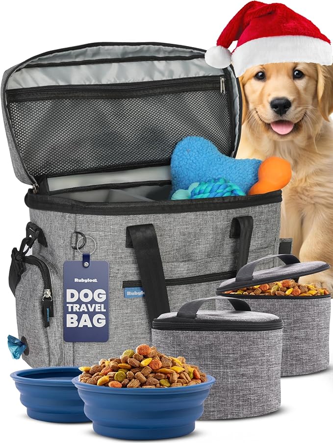 The Original Doggy Bag™- Dog Travel Bag for Supplies - Ultimate Gift for Dog Moms & Dads, Doggy Lovers & Pet Owners for Christmas- Includes 2 BPA-Free Travel Bowls and 2 Food Containers: Grey