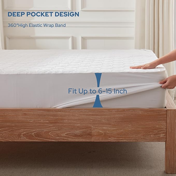 BEDLORE Waterproof Mattress Protector, Twin Size Mattress Pad with Deep Pocket 6"-15" Depth, Soft Breathable Single Bed Mattress Cover for Bedroom, Dorm Room (White)