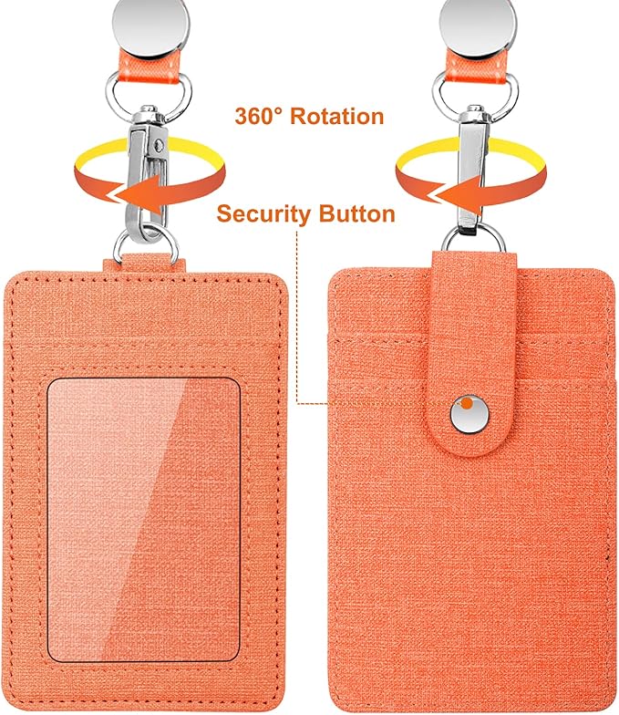 Life-Mate Badge Holder - Leather ID Badge Card Holder Wallet Case with 3 Cards Slot and Neck Lanyard/Strap. Additional Retractable Badge Reel with Belt Clip (Orange, Linen Finish)