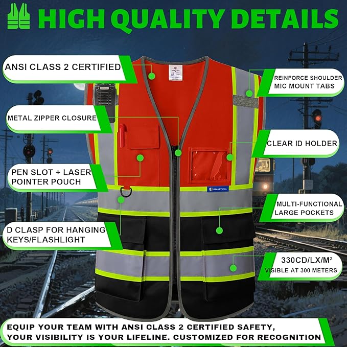 BeautyWill 10 Pack Custom Logo Safety Vest ANSI Class 2 High Visibility Reflective Vest Personalized Construction Vest Bulk