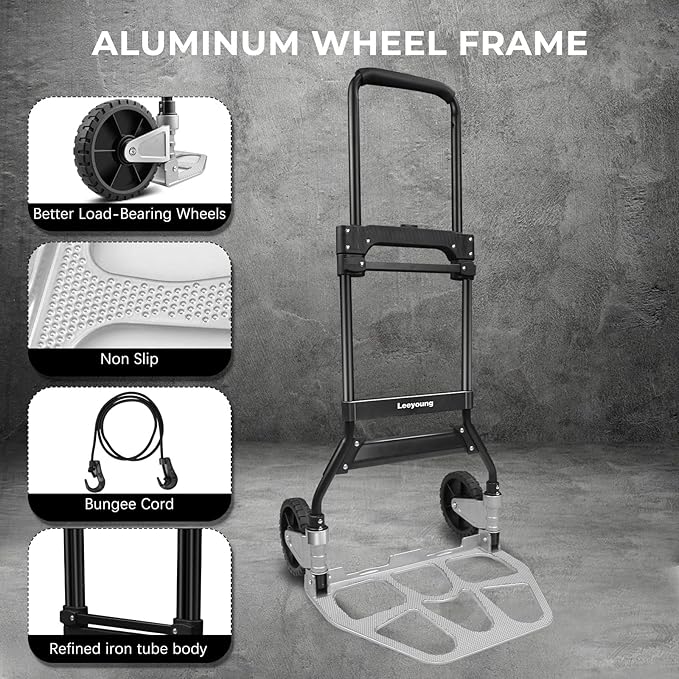 Leeyoung Dolly Cart and Folding Hand Truck，Heavy Duty 331lb Capacity Dolly for Moving，Aluminum Wheel Bracket and Steel Tube，Foldable Hand Truck with Anti-Slip Silent Wheels for Indoor/Outdoor Moving