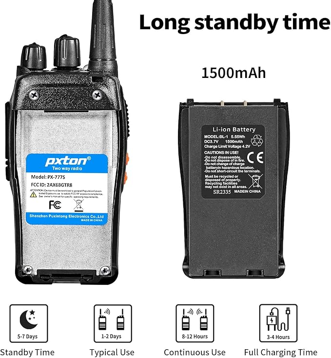 pxton 777S walkie talkies Long Range for Adults Rechargeable with Earpieces and Li-ion Battery,Two Way radios has VOX/TOT/Emergency Alarm/Battery Low Alert/Flashlight/Scan Function（4 Pack）