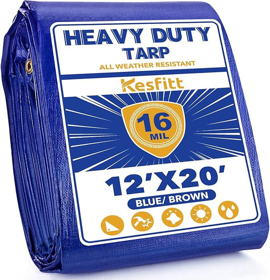 Kesfitt Tarp Heavy Duty Waterproof 12x20FT,16 Mil Thick Tarps Tear&Fade Resistant,UV Resistant,Poly Tarp Cover with Grommets and Reinforced Edges for Outdoor Camping Pools Boat Car(Blue/Brown)