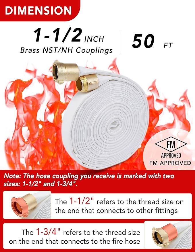 ZYfire Fire Hose - 1-1/2" ID x 50 FT Double Jacket TPU Firefighter Hose with M x F NST/NH Brass Couplings 1200 PSI Burst Pressure Lightweight for Firefighting & Residential Use
