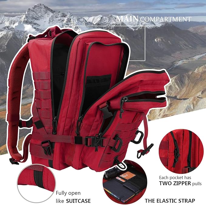 MOLLE Assault Backpack, Tactical Backpack Military Army Camping Rucksack, 3-Day Pack Trip w/USA Flag Patch, D-Rings, Red