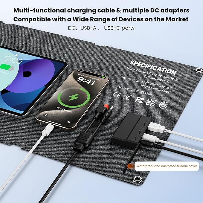 50W Portable Solar Panels,Foldable Solar Panel Charger IP68 Waterproof with USB-A and USB-C Ports DC 18V Output for Small Power Station Outdoor Camping RV Trip