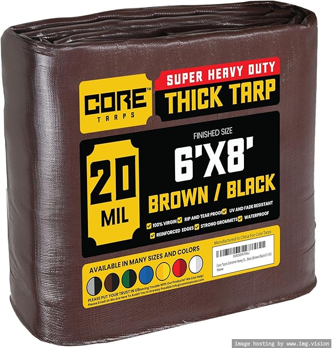 Core Tarps Extreme Heavy Duty 20 Mil Tarp Cover, Waterproof, UV Resistant, Rip and Tear Proof, Poly Tarpaulin with Reinforced Edges for Roof, Camping, Patio, Pool, Boat (Brown/Black 6′ X 8′)