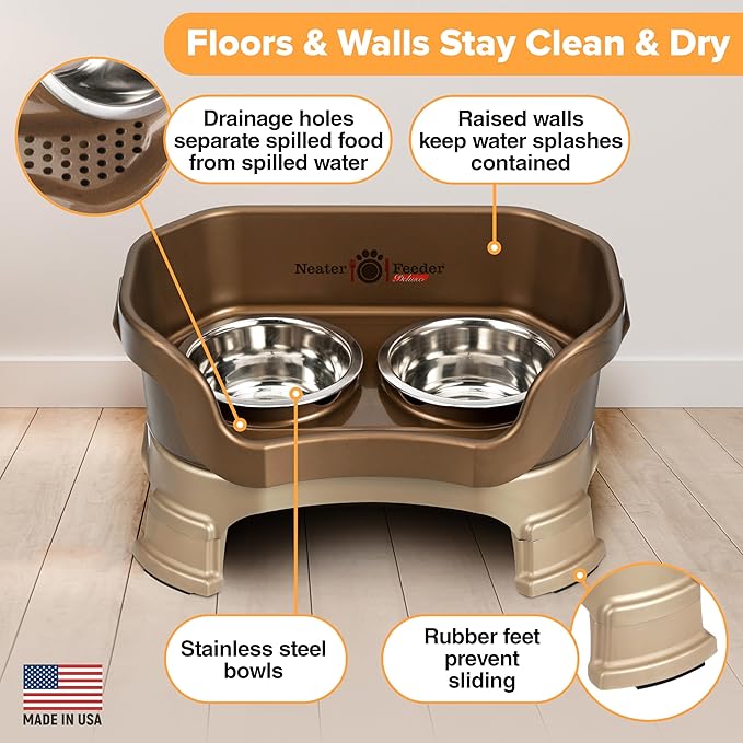 Neater Feeder Deluxe Mess Proof Dog Bowls Elevated for Small Breeds – Made in USA – No Spill Raised Dog Food Bowl Stand w/Leg Extensions – Stainless Steel Dog Food and Water Bowl Set – Bronze