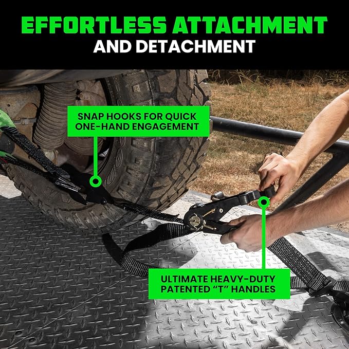 Rhino USA Car Tie Down Straps for Trailers with Snap Hooks (4-Pack) -2" x8' (10,000lb Break Strength) - Heavy Duty T-Handle Car Hauler Tire and UTV Axle Straps, Powersports & More - Black