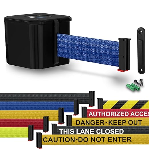 WM412 Retractable Belt Wall Mounted Smooth Black Crowd Control Barrier and Receiving End, 15' Blue Belt