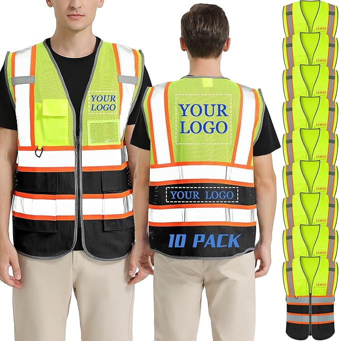 BeautyWill 10 Pack Custom Logo Safety Vest ANSI Class 2 High Visibility Reflective Vest Personalized Construction Vest Bulk