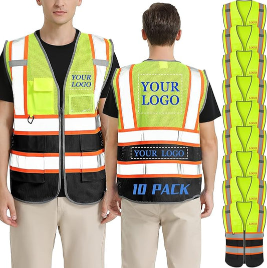 BeautyWill 10 Pack Custom Logo Safety Vest ANSI Class 2 High Visibility Reflective Vest Personalized Construction Vest Bulk
