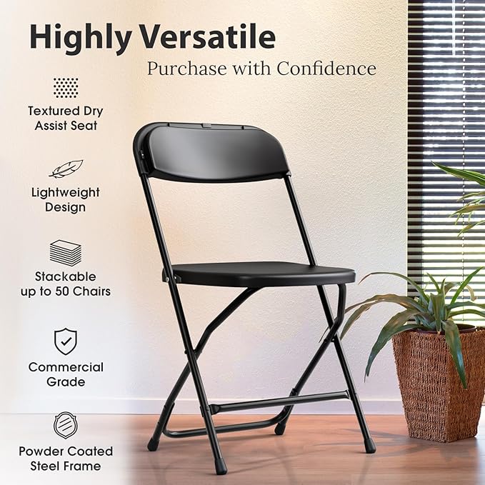 10 Pack Foldable Plastic Chair | Folding & Stackable | 350 lbs Capacity Steel Frame Seats for Indoor Outdoor | Commercial Use Events Wedding Party Bulk Picnic Kitchen Dining - Black