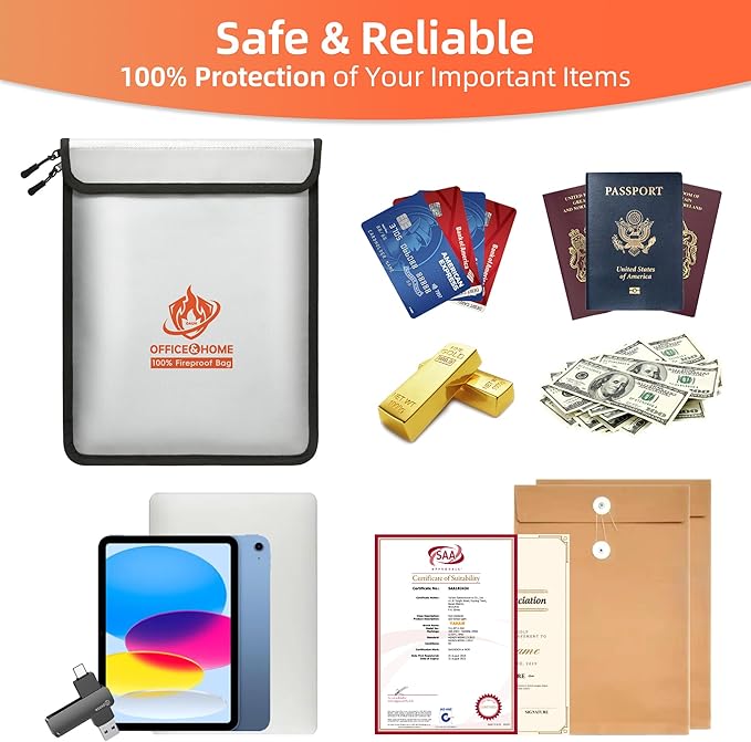 Upgraded Fireproof Document Bag (2200℉), 15”x 11” Waterproof Fireproof Money Bag for Cash with Zipper, Fireproof Safe for Home&Office, Important Document Storage Organizer for Valuables, Certificate