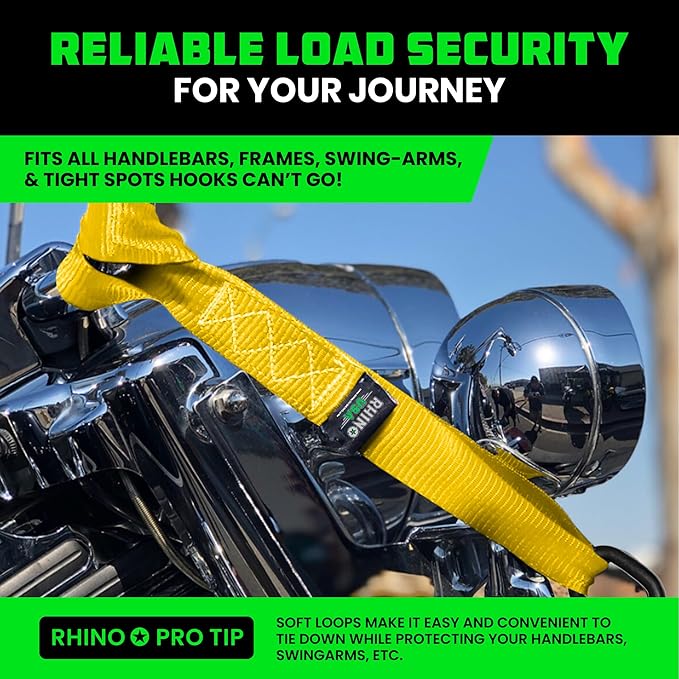 Rhino USA Soft Loop Tie Down Straps (4-Pack) - 1.6 Inch x 17 Inch (5,000 lbs Break Strength) Heavy Duty Motorcycle Handlebar Straps for use with Ratchets for ATV, UTV, Dirt Bike (Yellow)